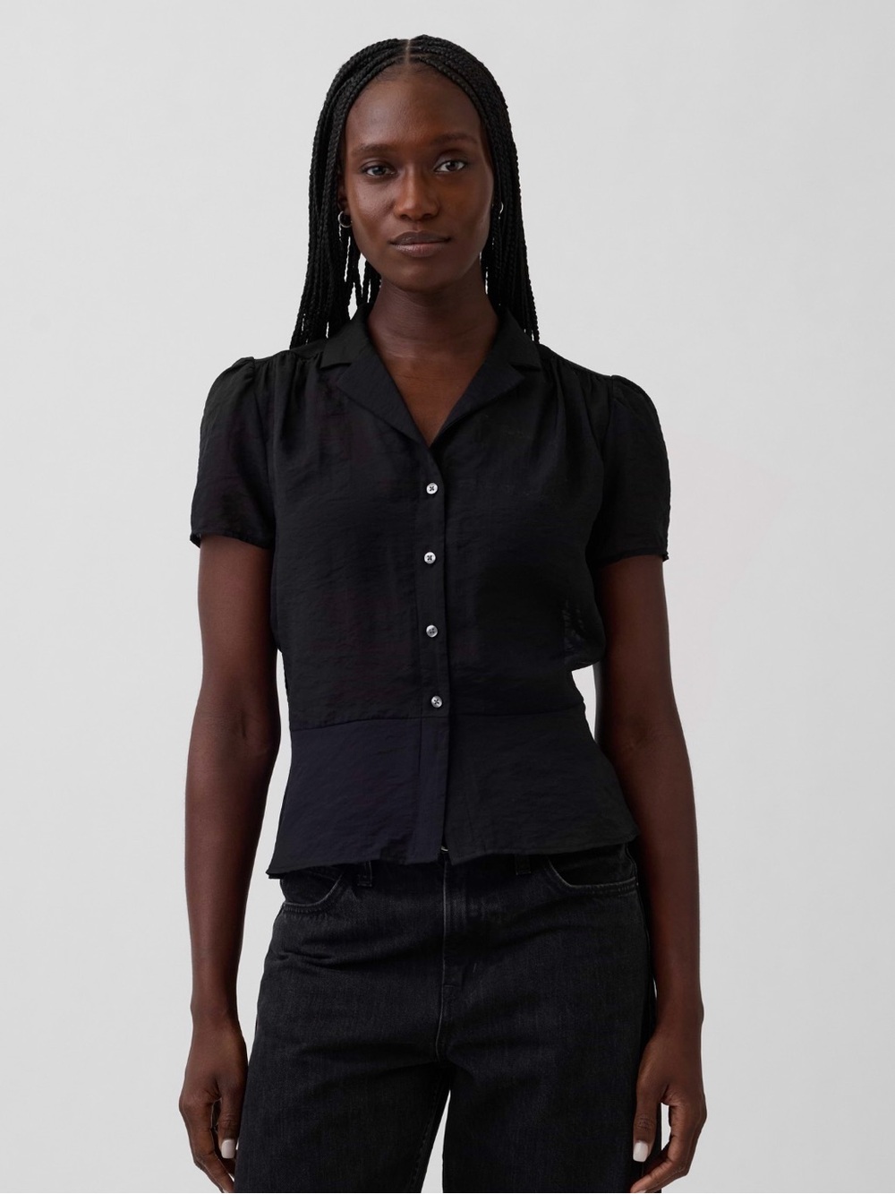 GAP Black Semi Sheer Voile Peplum Button-Front Short Sleeve Top Size S NWT